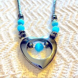 NEW 18” HEMATITE OPEN HEART W/TURQUOISE COLORED QUARTZ STONE NECKLACE